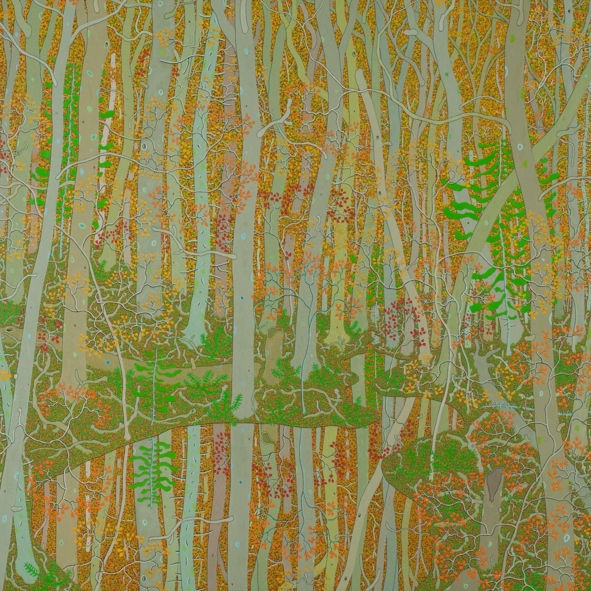 Landscape Painting Gregory Hennen - Reflections at the Spring's Entrance (Réflections à l'entrée du printemps), paysage forêt, beige, orange, vert