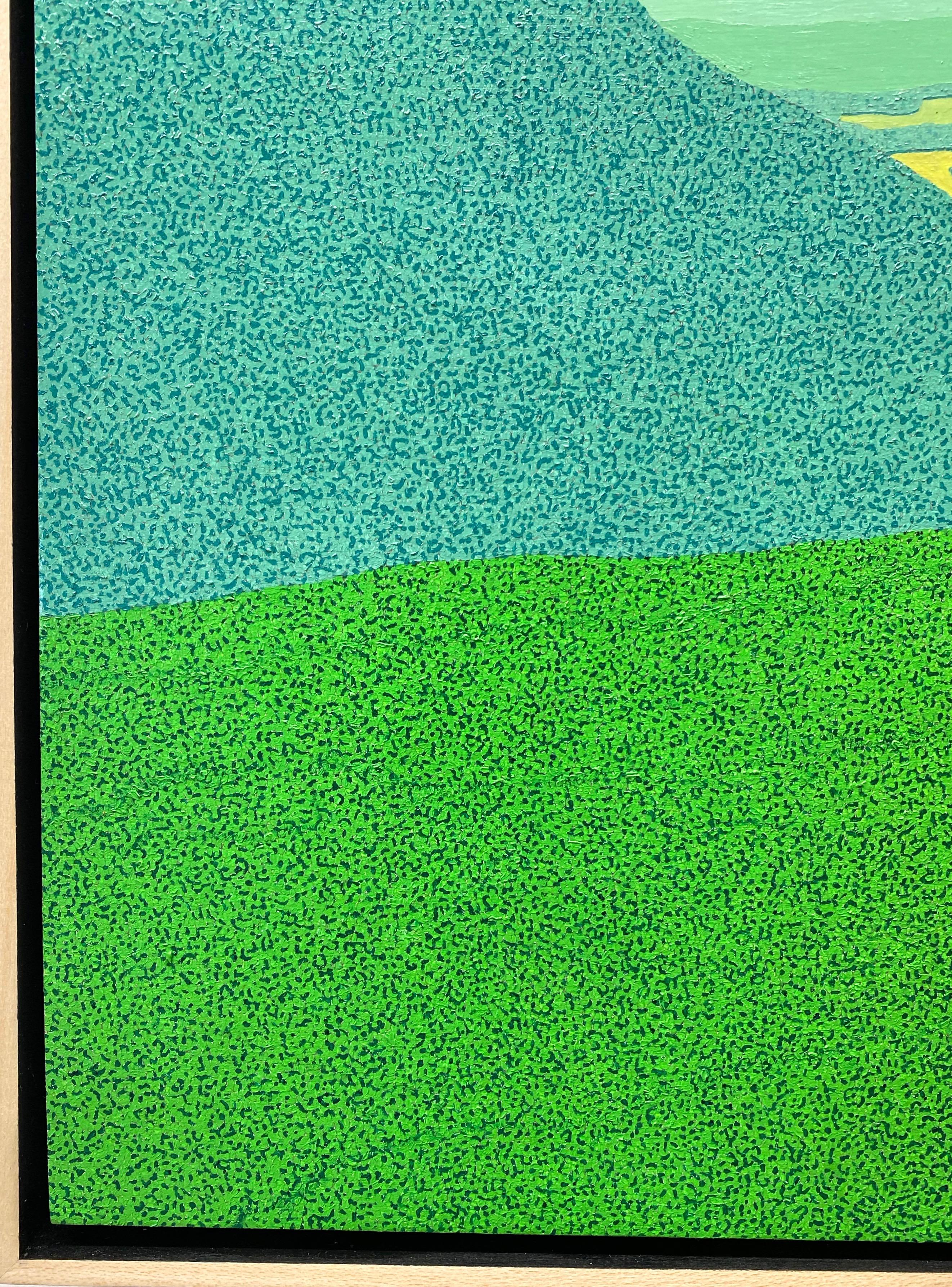 The densely treed forest and mountain ledges of Hennen's Virginia home are the subject for this rich, highly detailed contemporary landscape painting. Recording the changing light from the mountain ridge, Hennen captures its many shades of green,