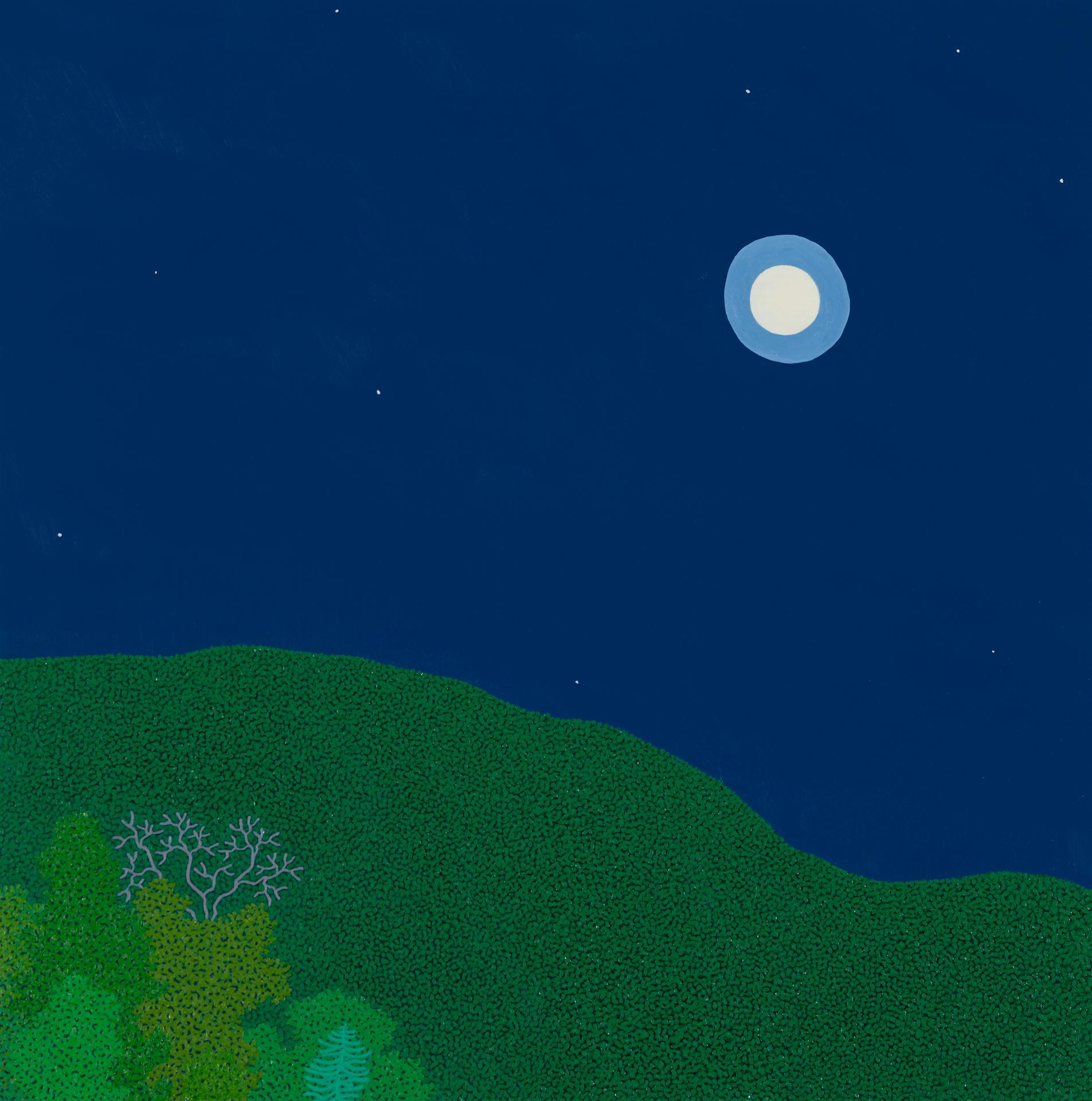 Ringed Moon - Night Navy Blue Sky Stars Green Trees Forest Landscape, 2025