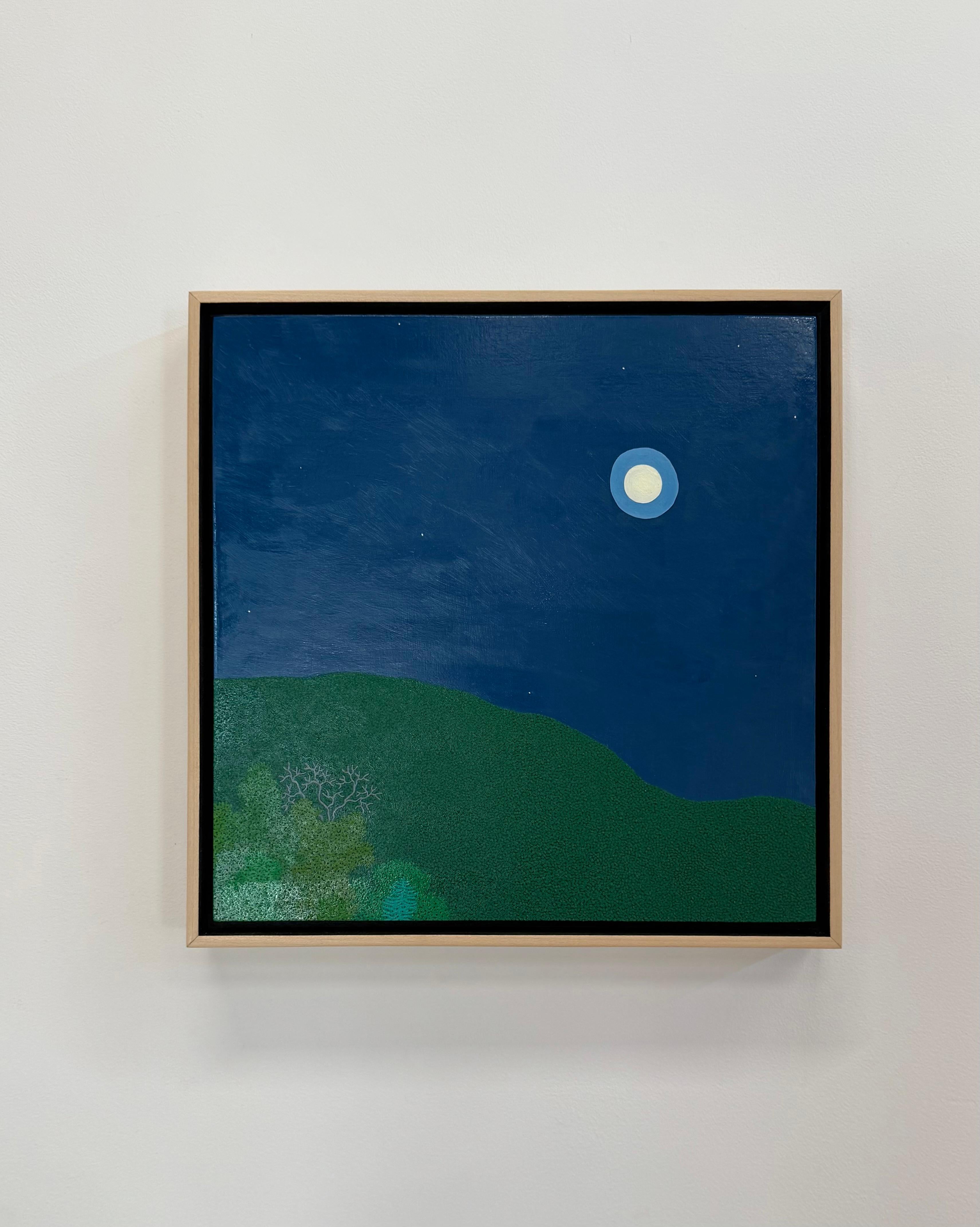 Lune annelée - ciel nocturne étoiles arbres verts forêt paysage, 2025 - Painting de Gregory Hennen