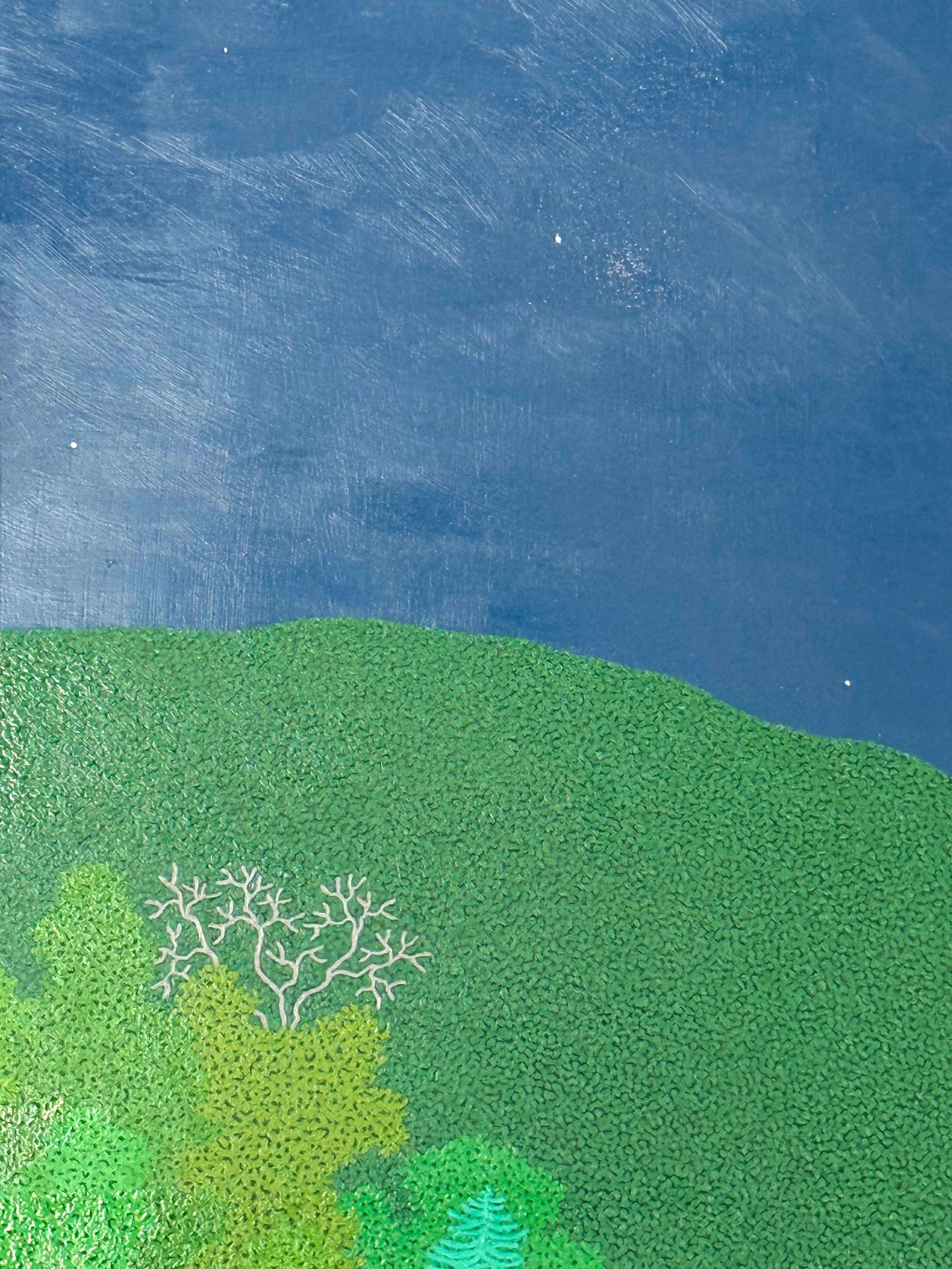 Lune annelée - ciel nocturne étoiles arbres verts forêt paysage, 2025 en vente 2
