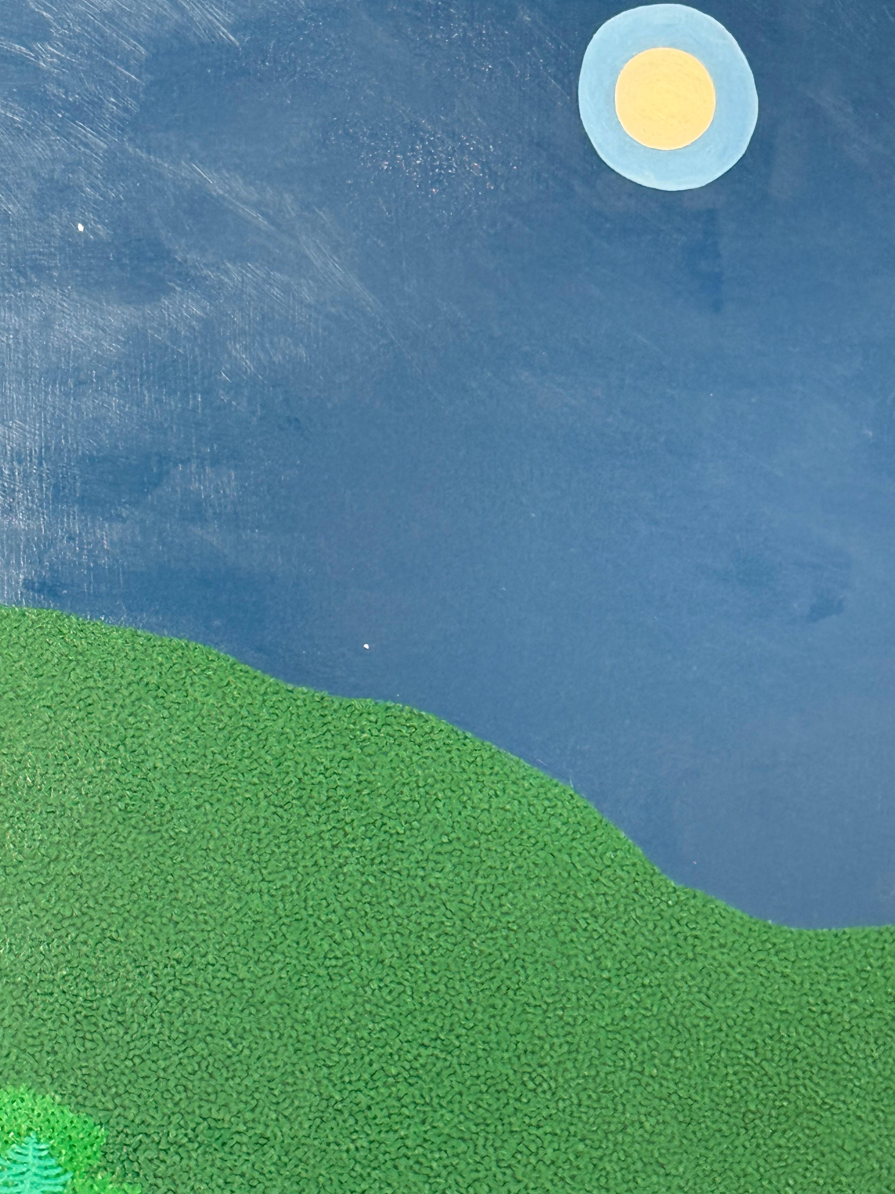 Lune annelée - ciel nocturne étoiles arbres verts forêt paysage, 2025 en vente 3