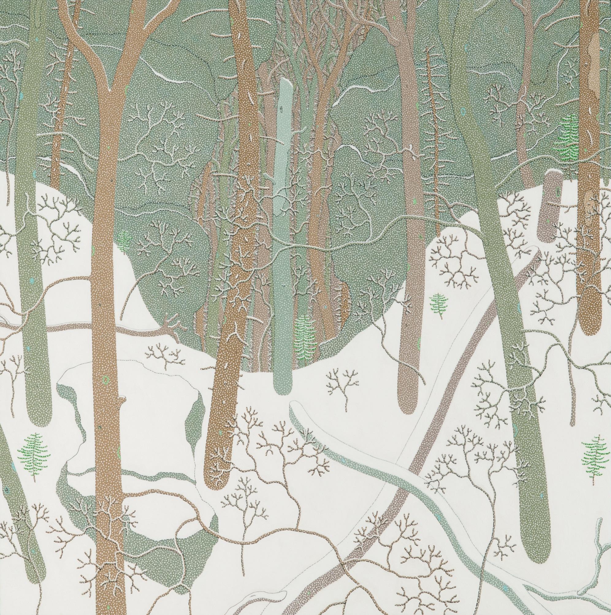 Snow Fall Jan Wyatt Mt - Contemporary Winter Landscape Forest White Snow, 2018