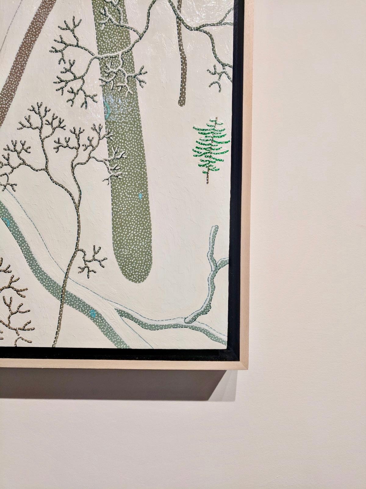 La foresta fittamente alberata e le cime delle montagne della casa di Hennen in Virginia sono il soggetto di questo dipinto paesaggistico contemporaneo e molto dettagliato. Un boschetto di alberi innevati è diviso da una cresta collinare coperta da