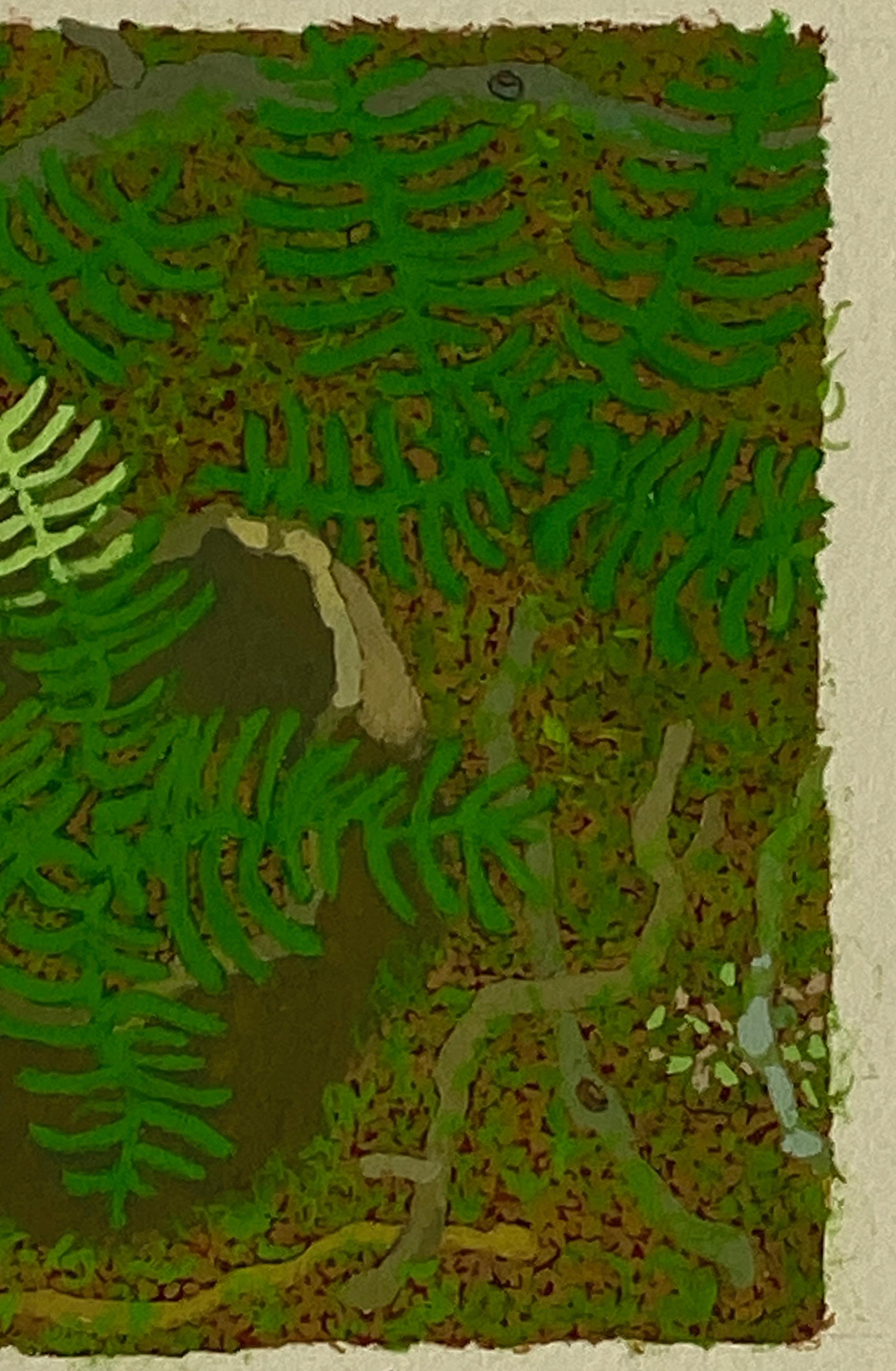 Auf diesem zeitgenössischen Landschaftsgemälde auf Papier säumen leuchtend grüne Farne den Waldboden in dieser reichhaltigen, detailreichen Virginia-Landschaft zur Frühlingszeit. Die vielen Grünschattierungen werden durch erdige braune Erde und