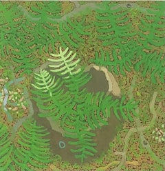 Stump and Ferns, Mai, Wyatt Mt., Frühlings-Wolkenlandschaft, Grün, Braun Botanical