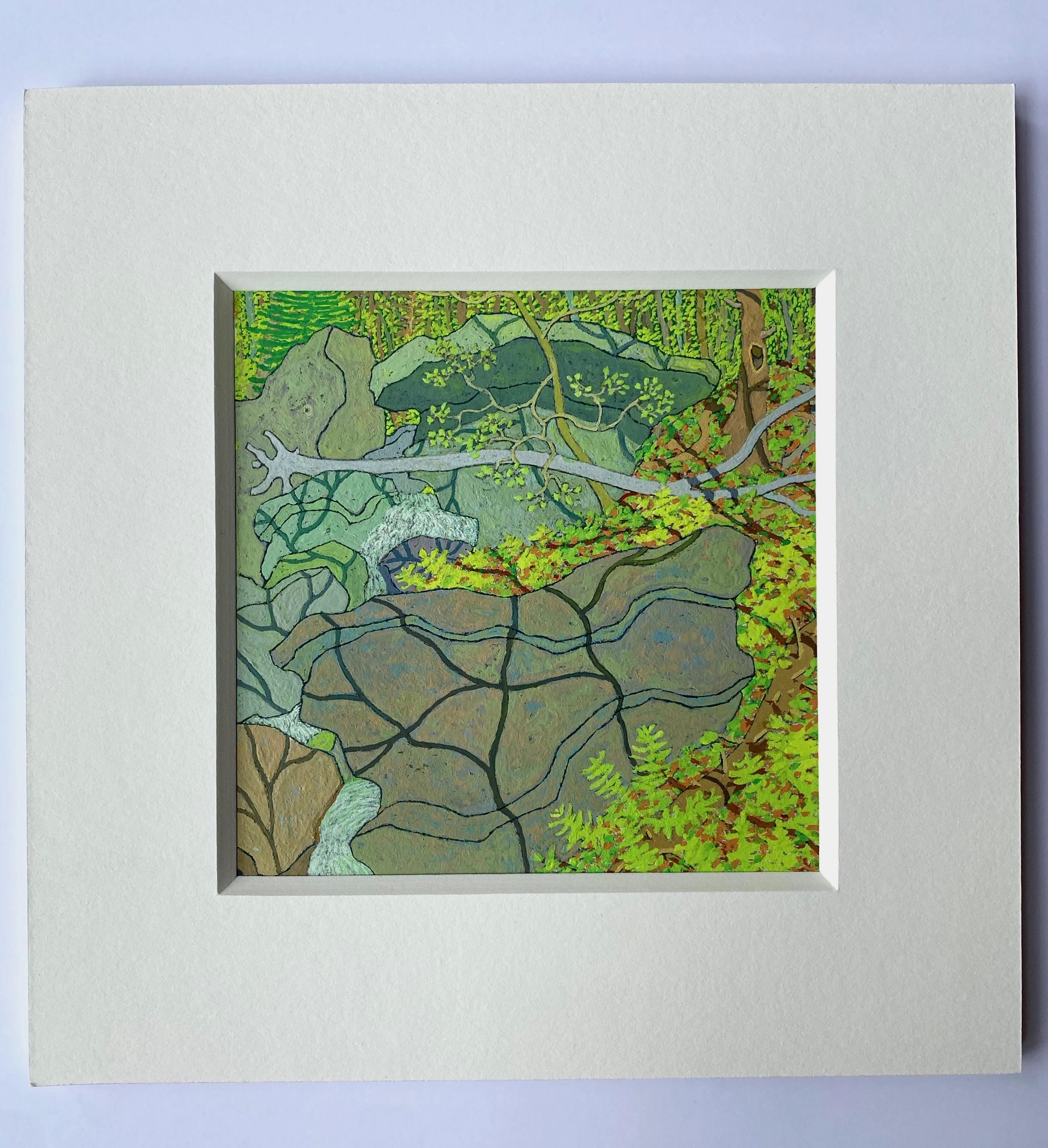 Summer Cascade Wyatt Mt. - Green Virginia Forest Landscape Trees Rocks, 2020 - Painting de Gregory Hennen