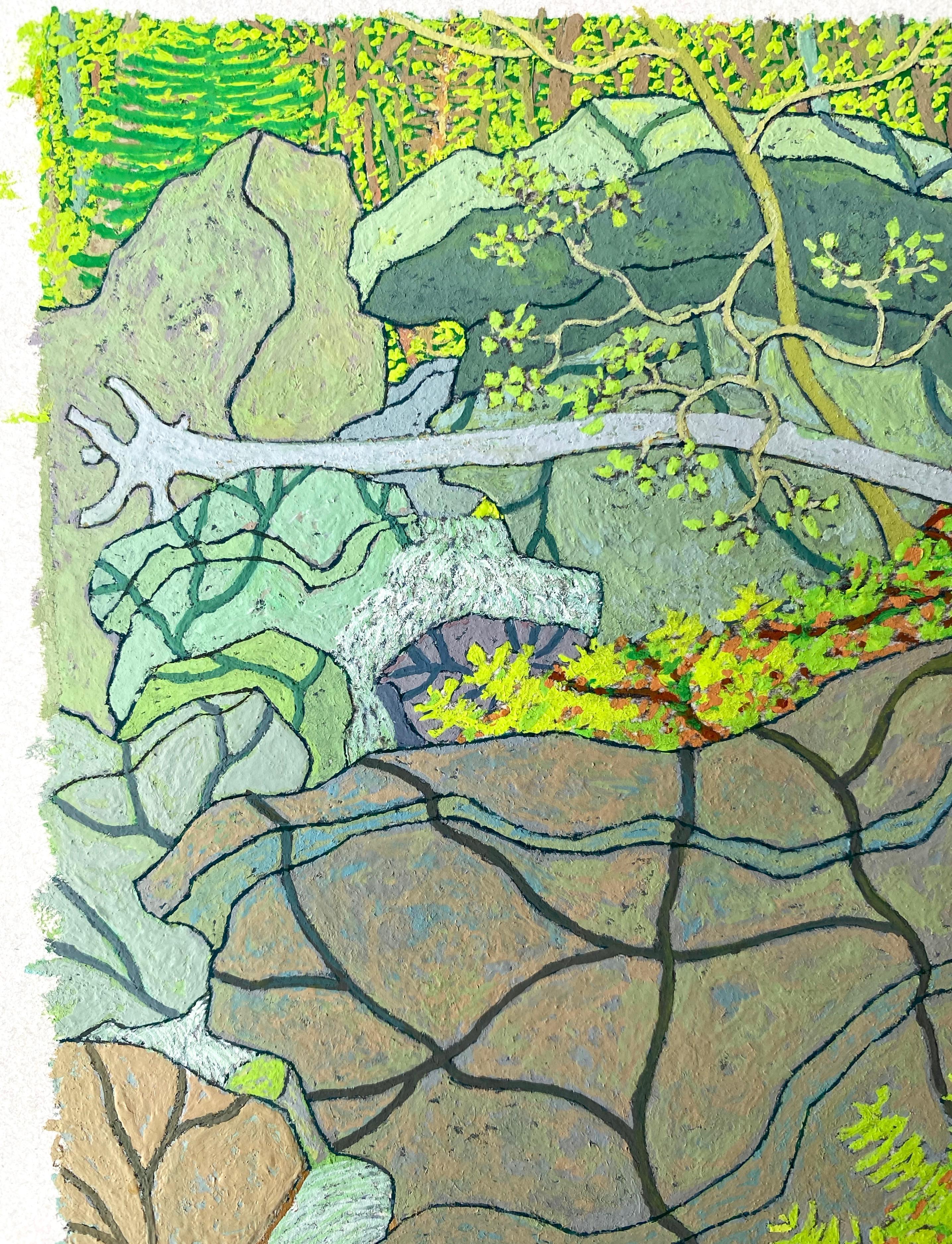 Cascata d'estate Wyatt Mt. - Greene & Greene & Greene Virginia Forest Landscape Trees Rocks, 2020 - Landscape Painting Verde di Gregory Hennen