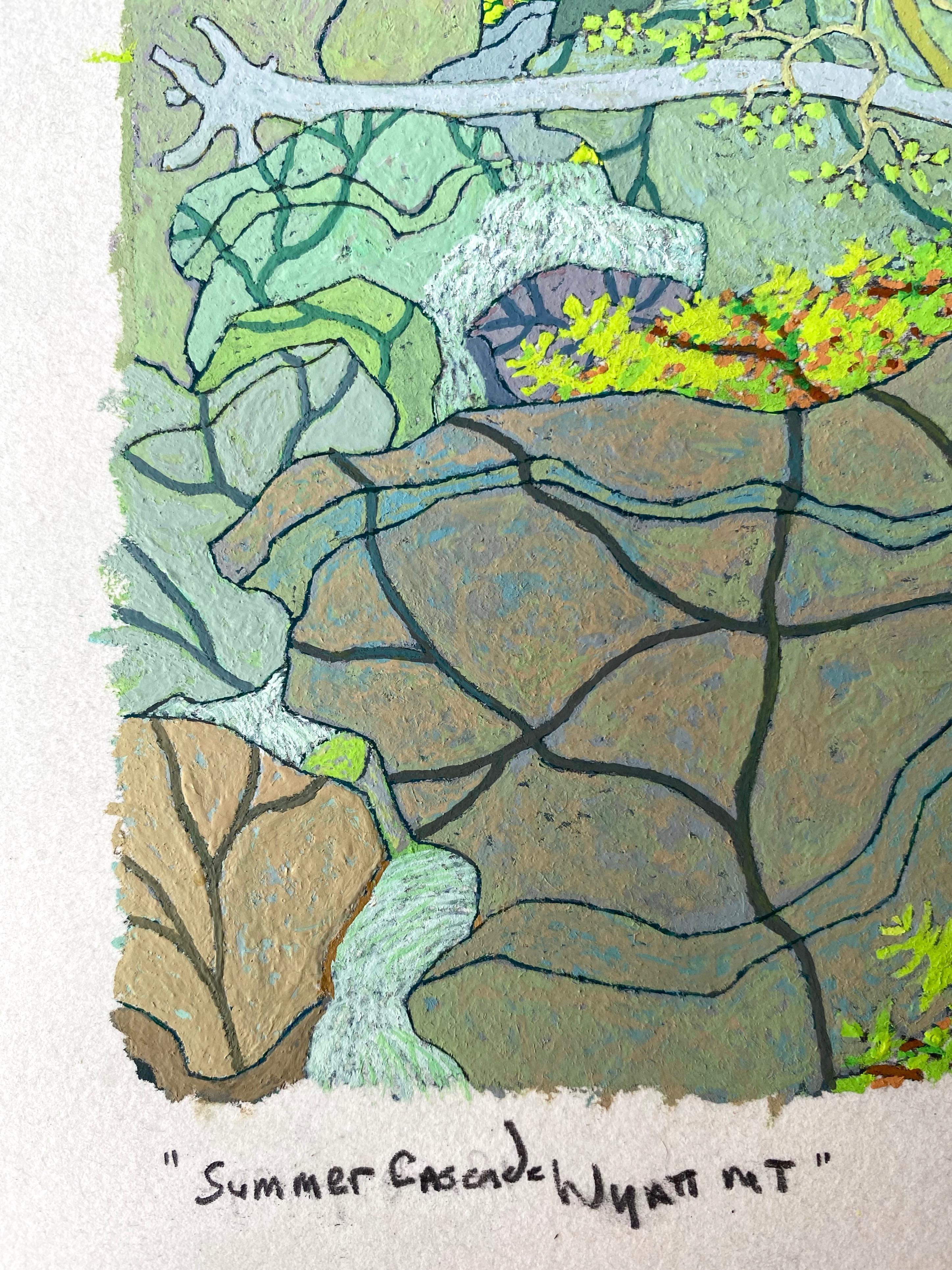 The dense foliage of the forest in summertime on Wyatt Mountain near Gregory Hennen's Virginia home is the subject of this rich, highly detailed contemporary landscape painting in gouache on paper. The many shades of verdant green are offset by