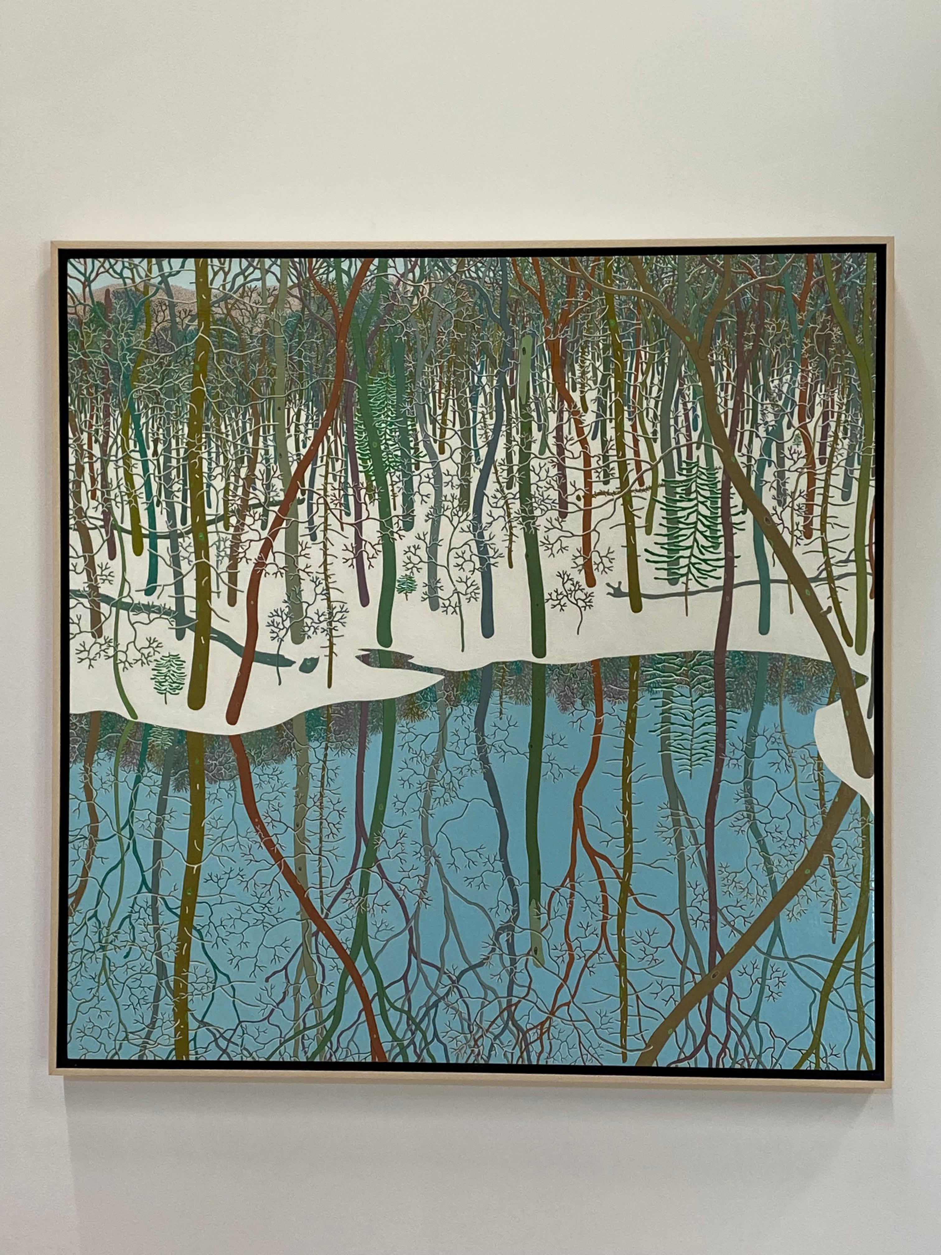Winter Pond Wyatt Mt, February, Landscape, Snowy Woods, Water, Trees, White Snow - Painting by Gregory Hennen