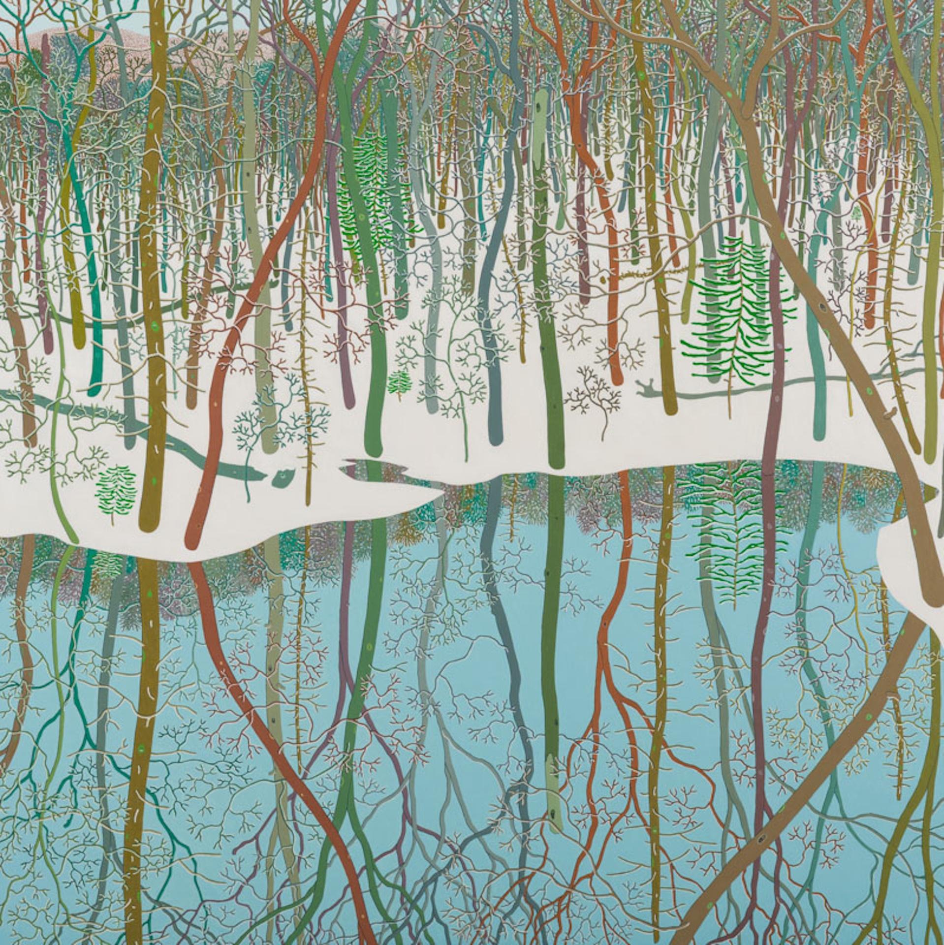 Gregory Hennen Landscape Painting – Wyatt Mt. Februar, Landschaft, Schneewälder, Wasser, Bäume, weißer Schnee
