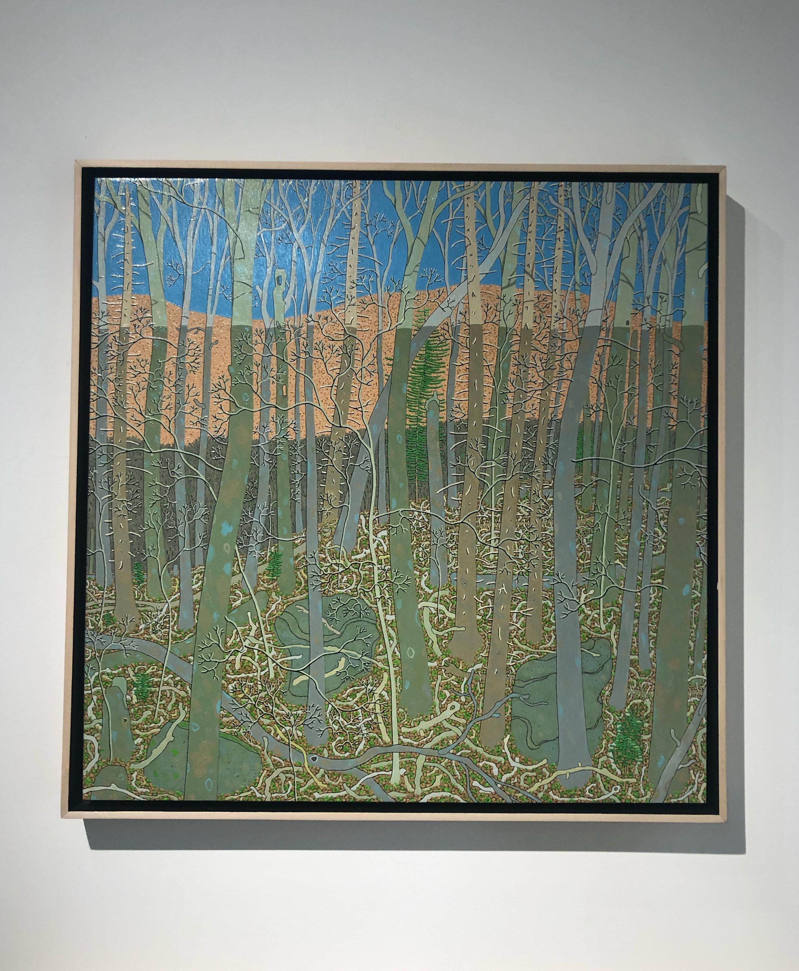 Wyatt Mountain Shadow February, Virginia Forest, Blue, Green, Gray, Salmon Peach - Painting by Gregory Hennen