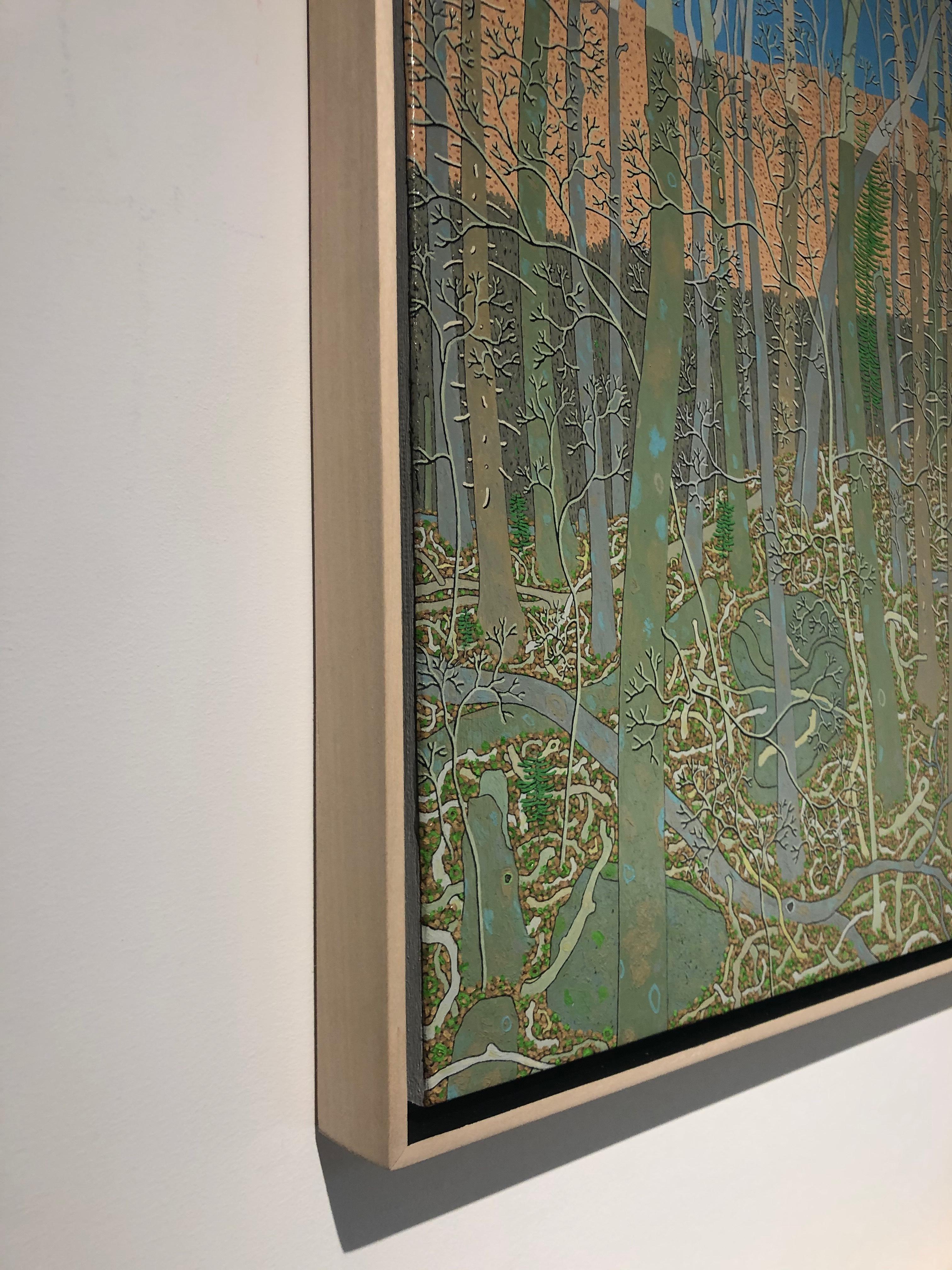 The densely treed forest and mountain ledges of Hennen's Virginia home are the subject for this rich, highly detailed landscape painting. Recording the changing light's ridge shadow over the distant mountain. The many shades of green, blue and pale