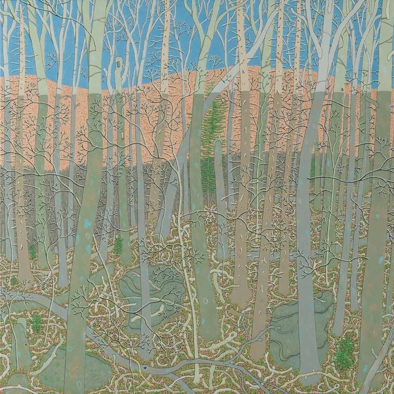 Gregory Hennen Landscape Painting – Wyatt Mountain Shadow Februar, Virginia Forest, Blau, Grün, Grau, Lachs, Pfirsich