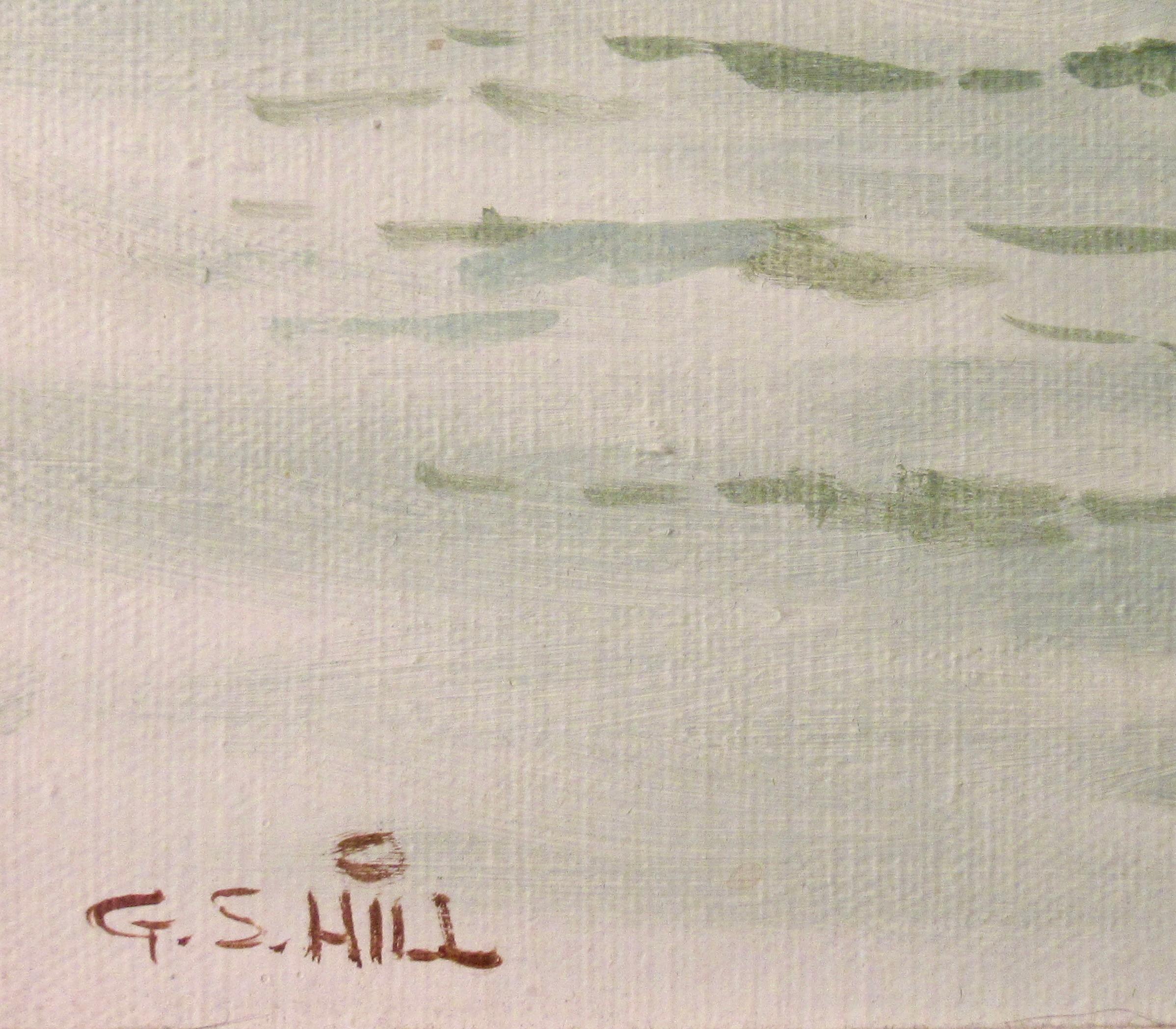 Bateau à voile à l'embarcadère - Gris Figurative Painting par Gregory Hill