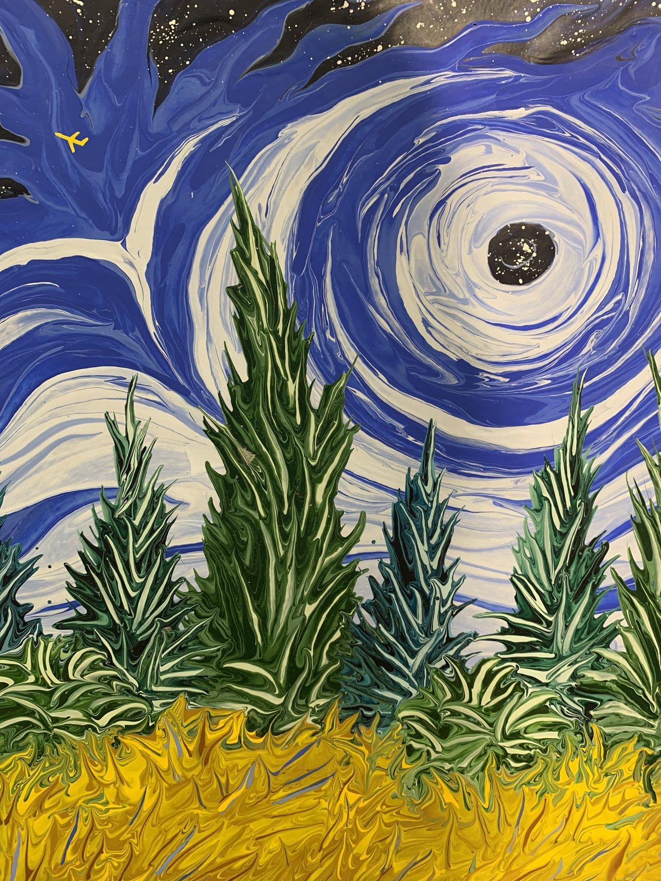 Landscape Painting Gregory Horndeski - Sky bleu avec trou noir au-dessus d'un champ de blé jaune