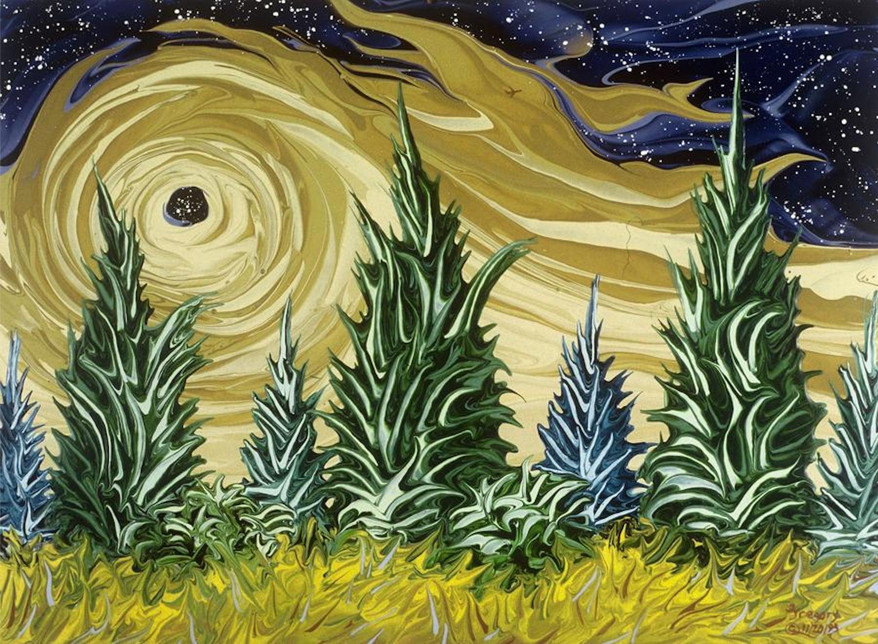 Gregory Horndeski Landscape Painting - Yellow Ochre Sky with Black Hole Over Wheatfield
