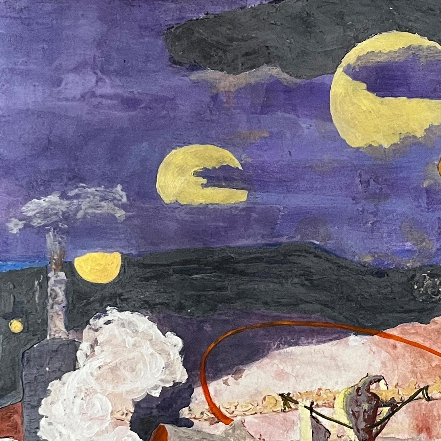 À la maison des alchimistes - Fresque surréaliste sur panneau de bois, pourpre et jaune - Painting de Gregory Kitterle