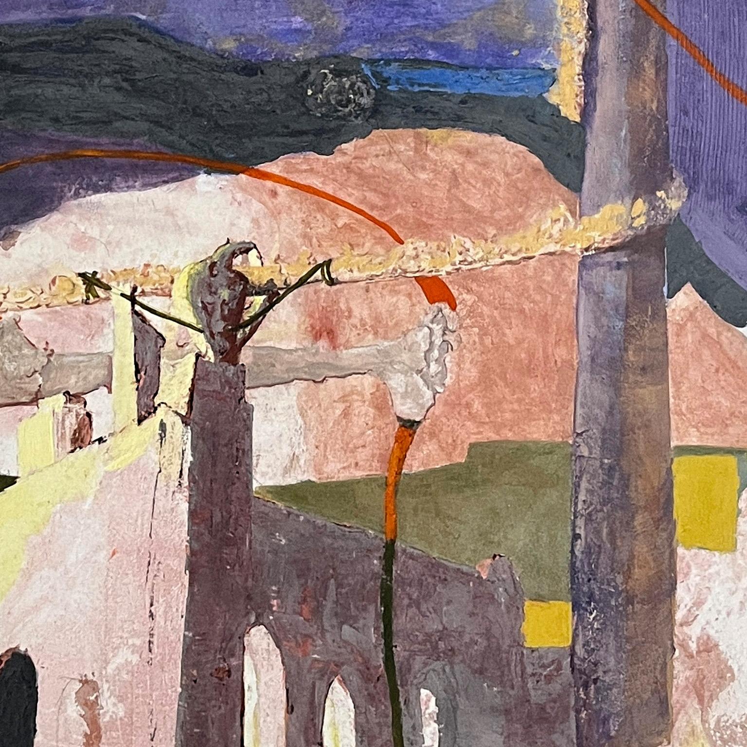 À la maison des alchimistes - Fresque surréaliste sur panneau de bois, pourpre et jaune - Surréalisme Painting par Gregory Kitterle