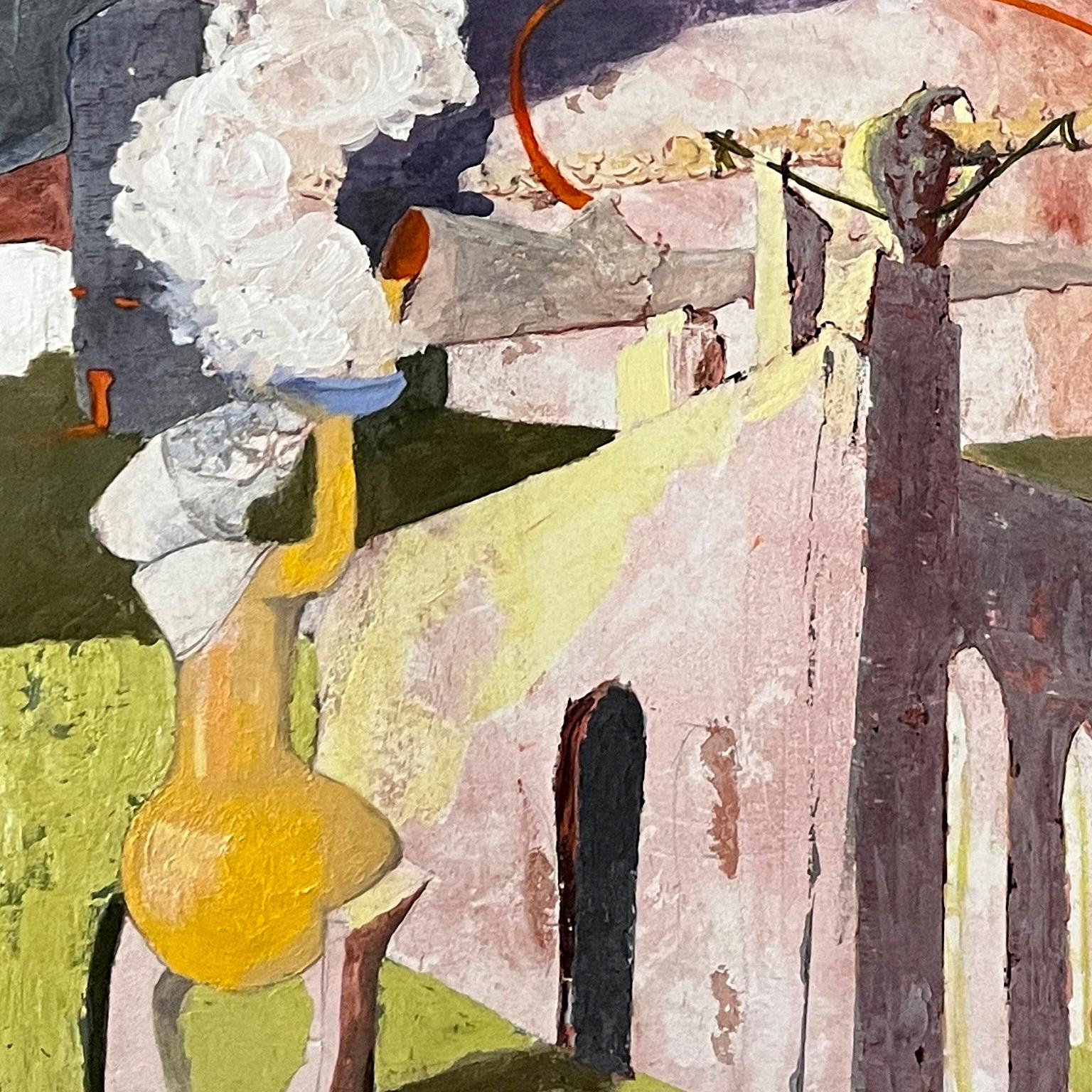 À la maison des alchimistes - Fresque surréaliste sur panneau de bois, pourpre et jaune - Gris Figurative Painting par Gregory Kitterle