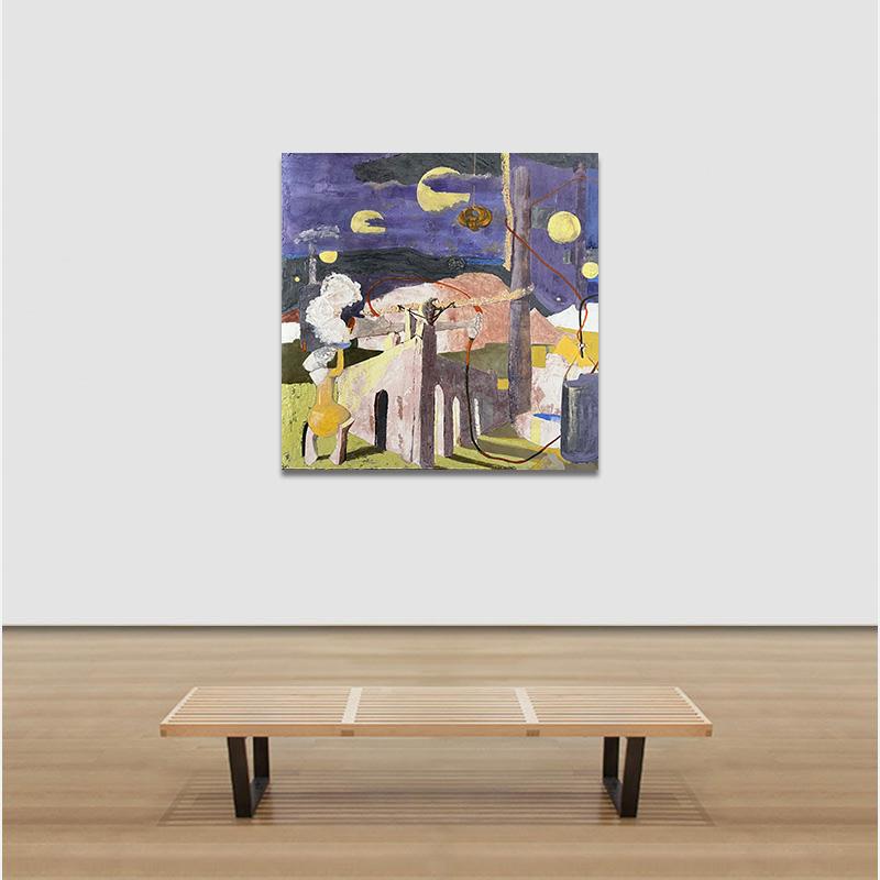 Cette fresque sur panneau de bois transporte les spectateurs dans un paysage surréaliste et onirique, parfait pour ajouter de l'intrigue et une touche de mysticisme à tout intérieur. L'utilisation de pourpres, d'ocres et de jaunes évoque un monde