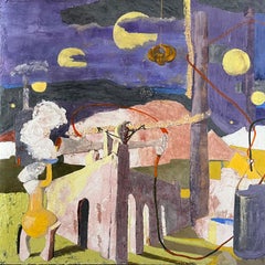At the Alchemists House - Surrealist Fresco on Wood Panel, Purple and Yellow