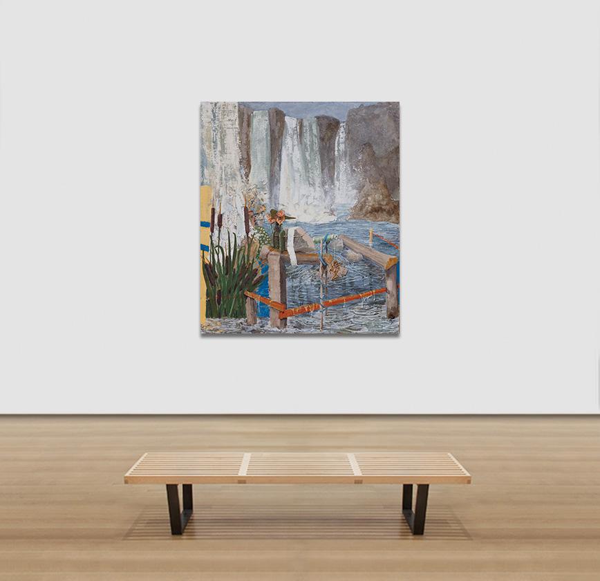 Offering - Painting with Waterfall and Dongli Flowers, in Light Blue For Sale 1