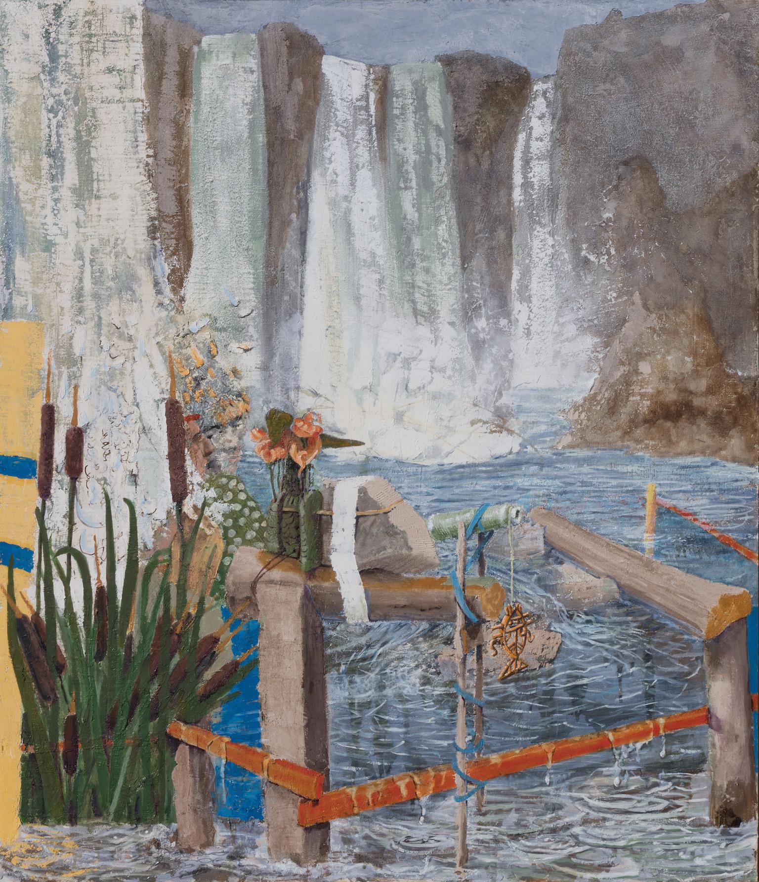 Gregory Kitterle Figurative Painting - Offering - Painting with Waterfall and Dongli Flowers, in Light Blue