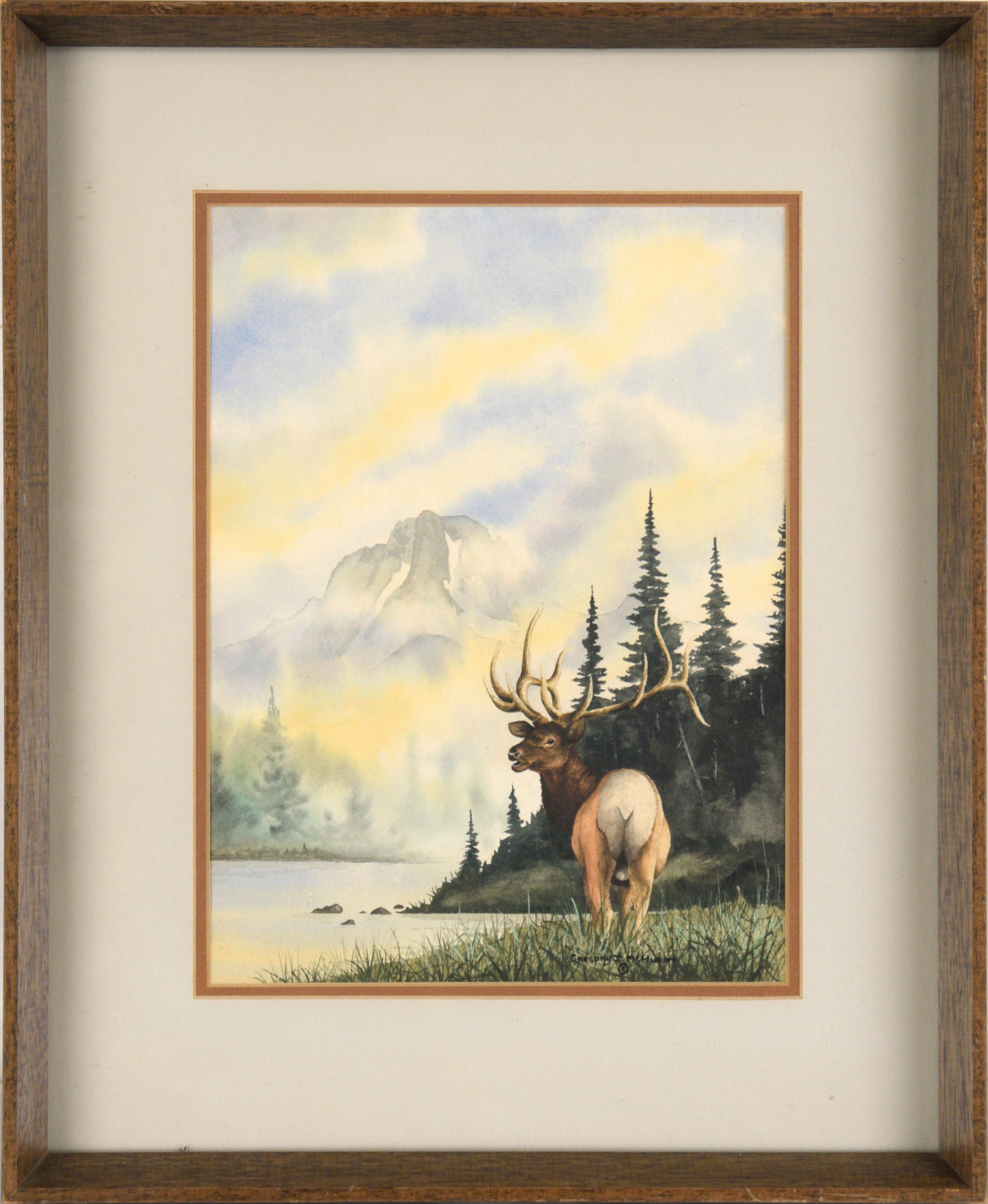 "Challenge at Dawn" - Landscape with Elk in Watercolor on Paper
