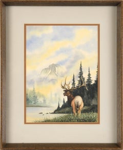 Vintage "Challenge at Dawn" - Landscape with Elk in Watercolor on Paper