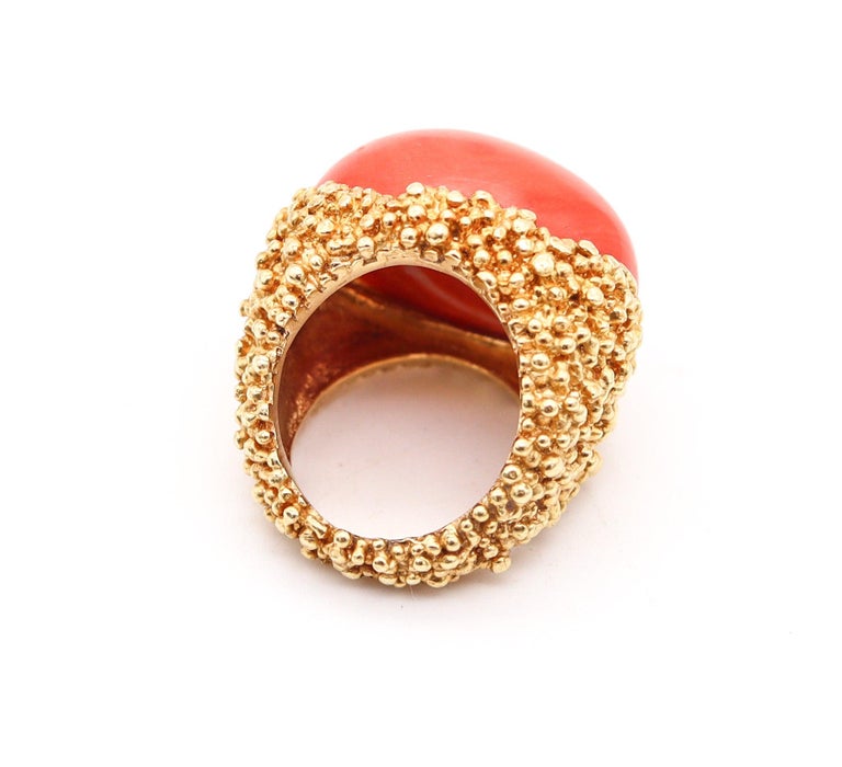 Bague Vintage Années 60 - Or 18 Carats Et Corail Méditerranéen Naturel, Taille ITA 14 (US 6.8)