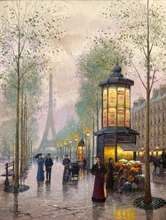 "Elegance on the Boulevard Near the Eiffel Tower" Parisian Scene Oil Painting