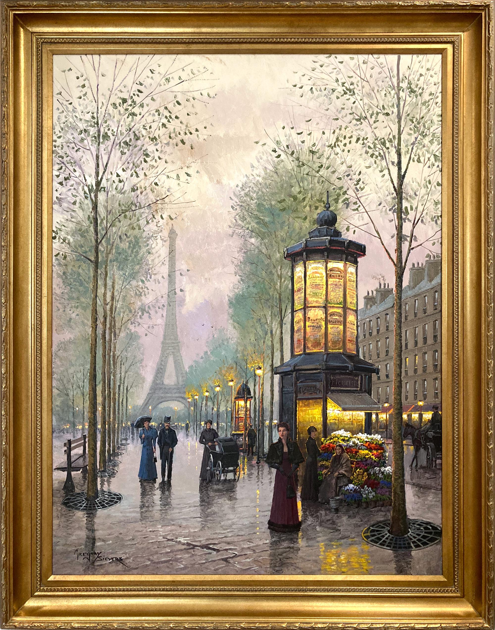 Gregory Sievers Figurative Painting - "Elegance on the Boulevard Near the Eiffel Tower" Parisian Scene Oil Painting