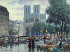 "Notre Dame Flowers" Post-Impressionist Paris Street Scene Oil Painting Framed