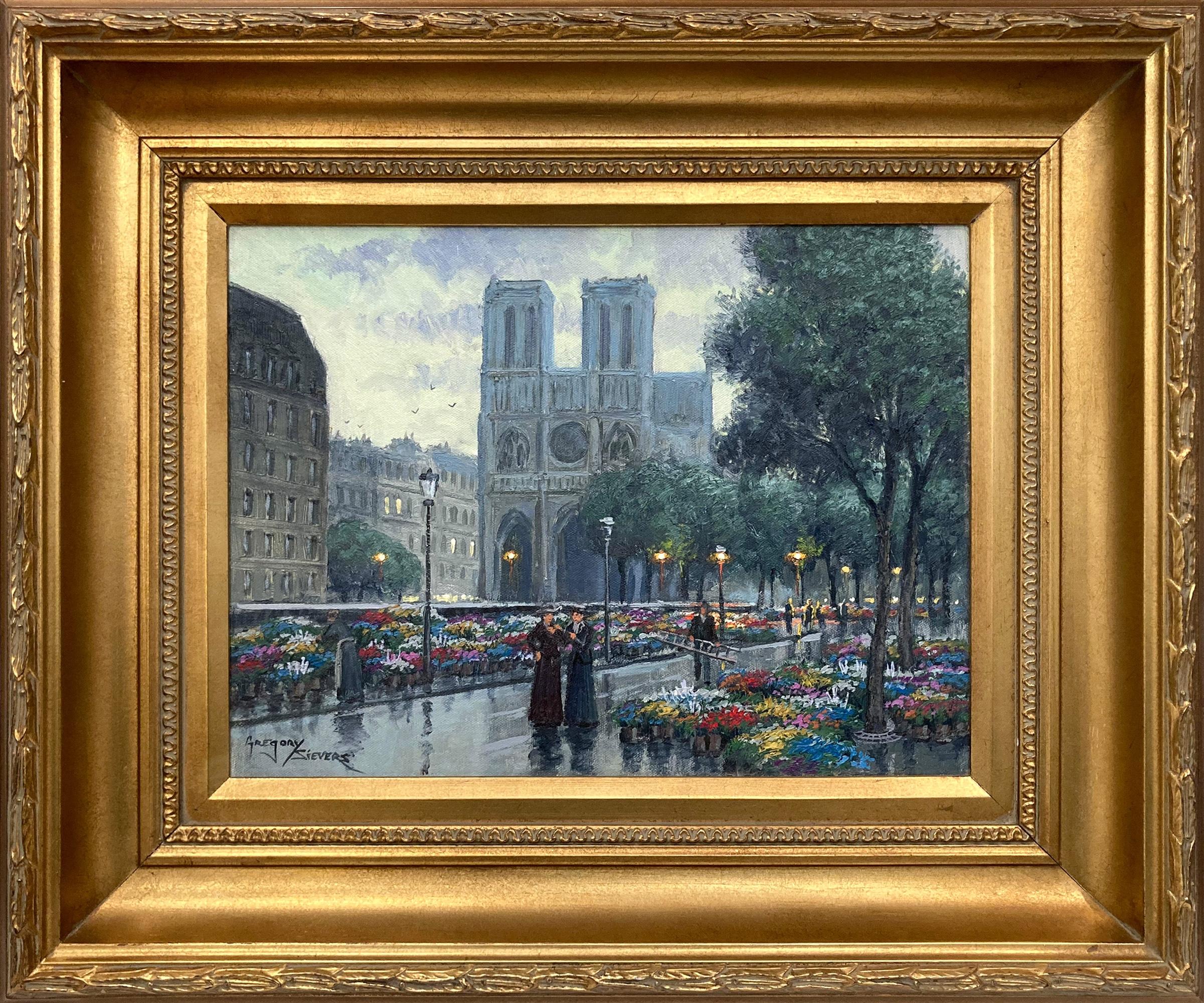 Gregory Sievers Landscape Painting - "Notre Dame Flowers" Post-Impressionist Paris Street Scene Oil Painting Framed