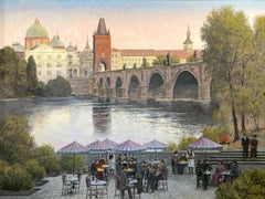 "Cafe Near St. Charles Bridge, Prague" Impressionistic Oil Painting on Canvas