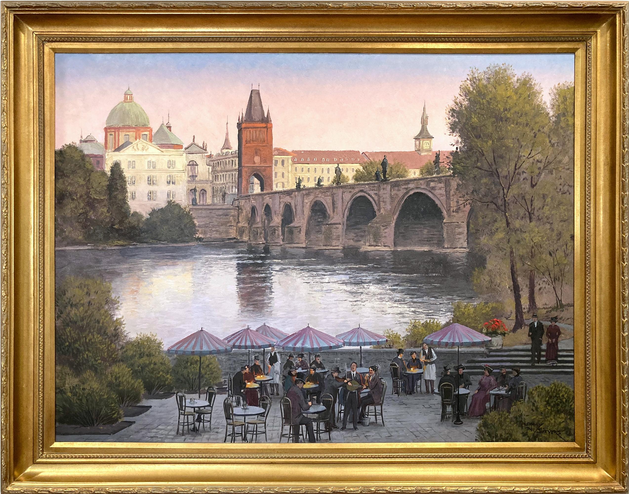 "Cafe Near St. Charles Bridge, Prague" Impressionistic Oil Painting on Canvas