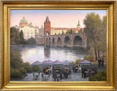 "St. Charles Bridge, Prague" Large Impressionistic Oil Painting on Canvas Framed