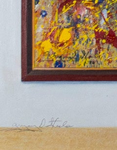 Contemporary abstract colorful oil painting humorous with figures yellow and red