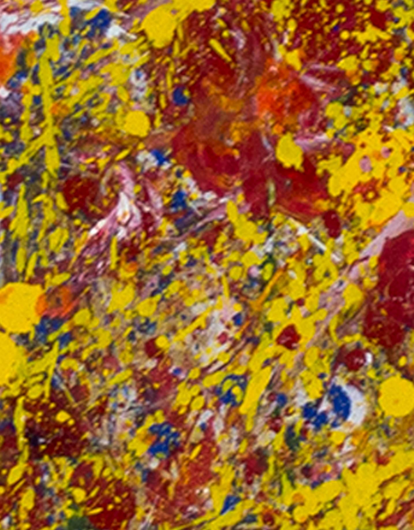 Peinture à l'huile abstraite contemporaine colorée humoristique avec personnages jaune et rouge - Marron Abstract Painting par Gregory Steele