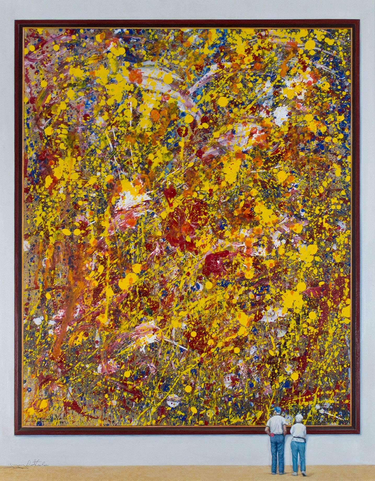 Abstract Painting Gregory Steele - Peinture à l'huile abstraite contemporaine colorée humoristique avec personnages jaune et rouge