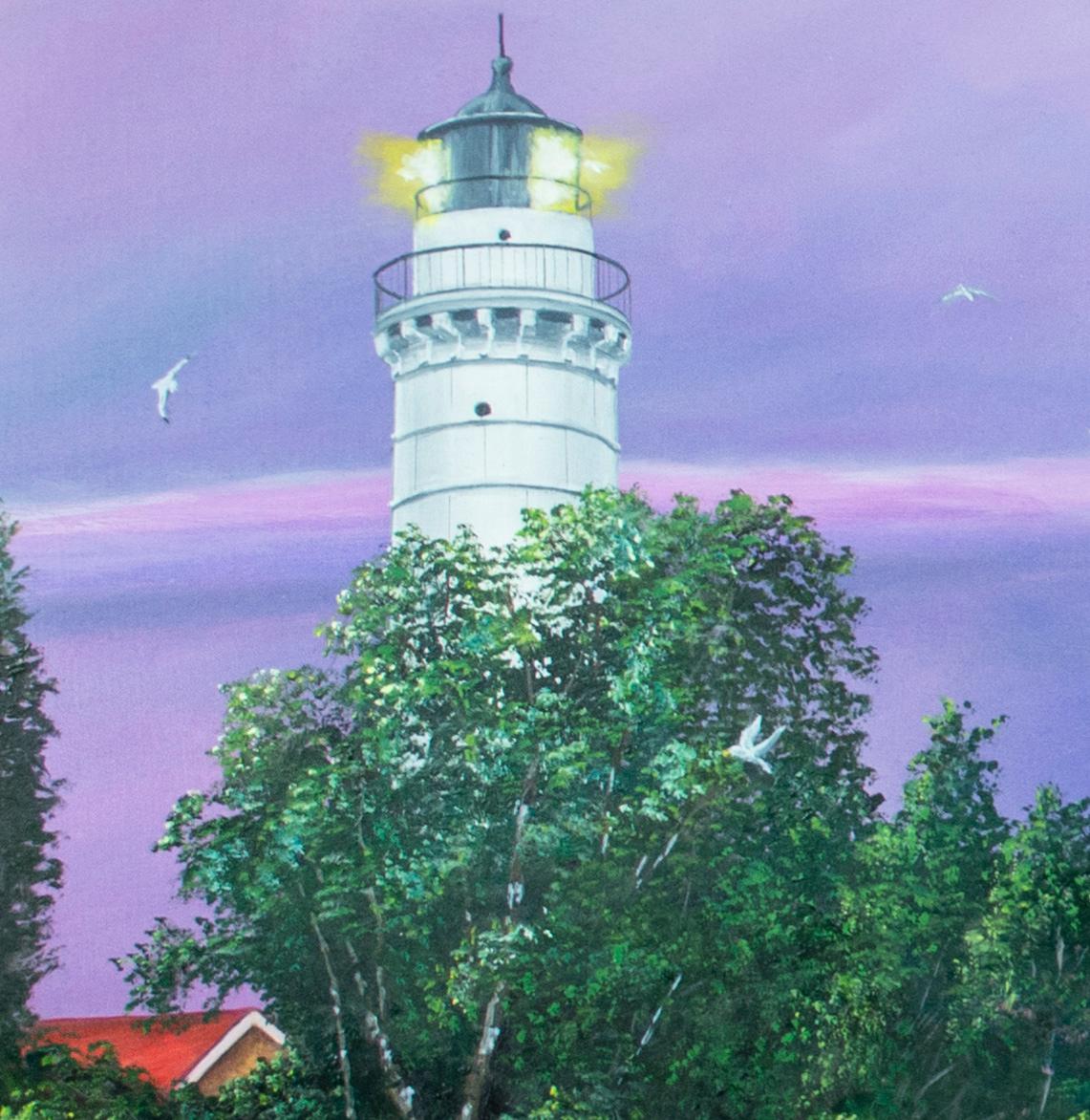'Cana Island Lighthouse' is an original landscape painting signed by American artist Gregory Steele. In the painting, Steele presents a picturesque view of the Door County, Wisconsin lighthouse on Cana Island – near Spikehorn Bay and Moonlight Bay.
