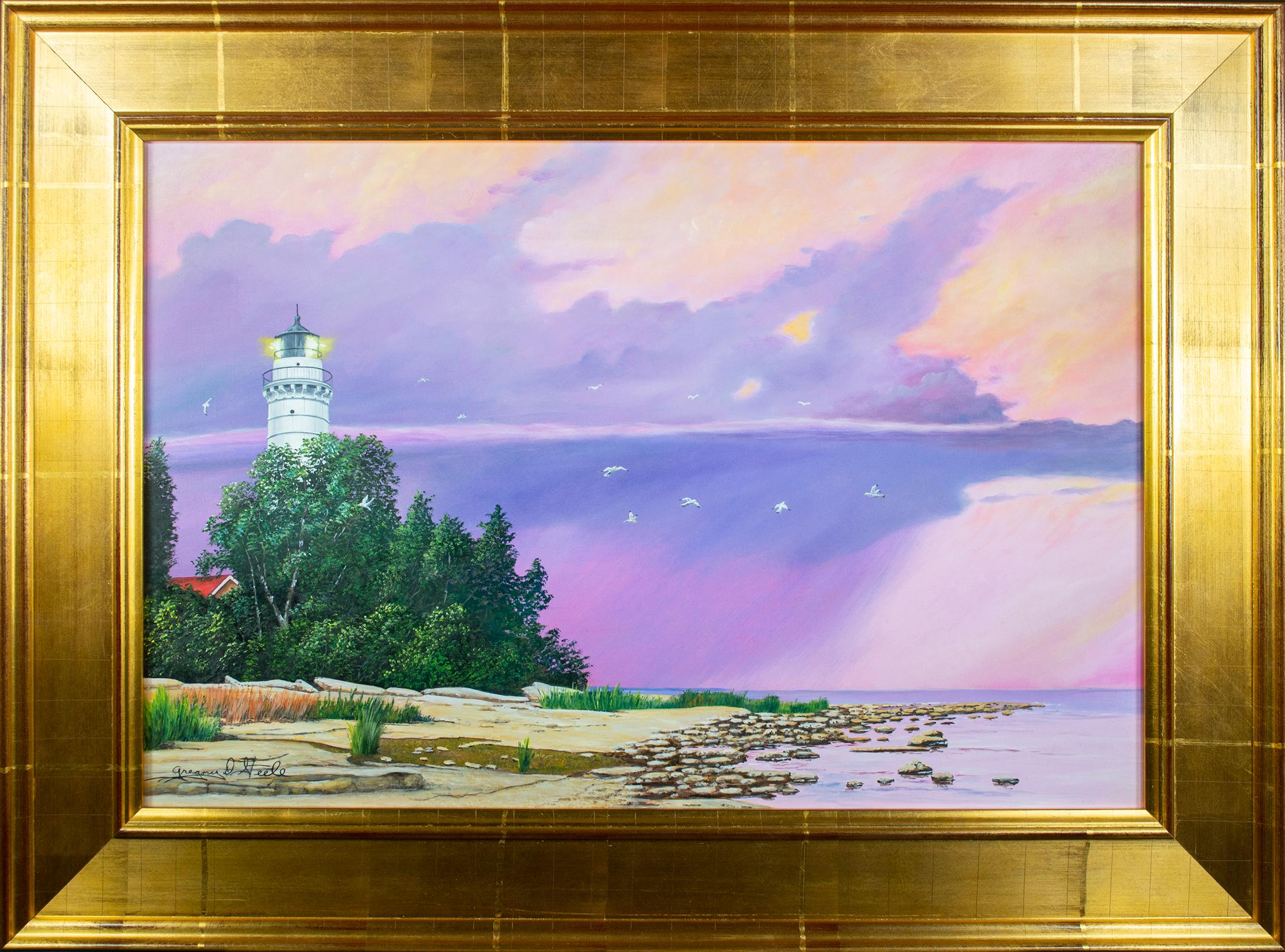 Peinture à l'huile contemporaine paysage marin phare ciel violet nuage réaliste