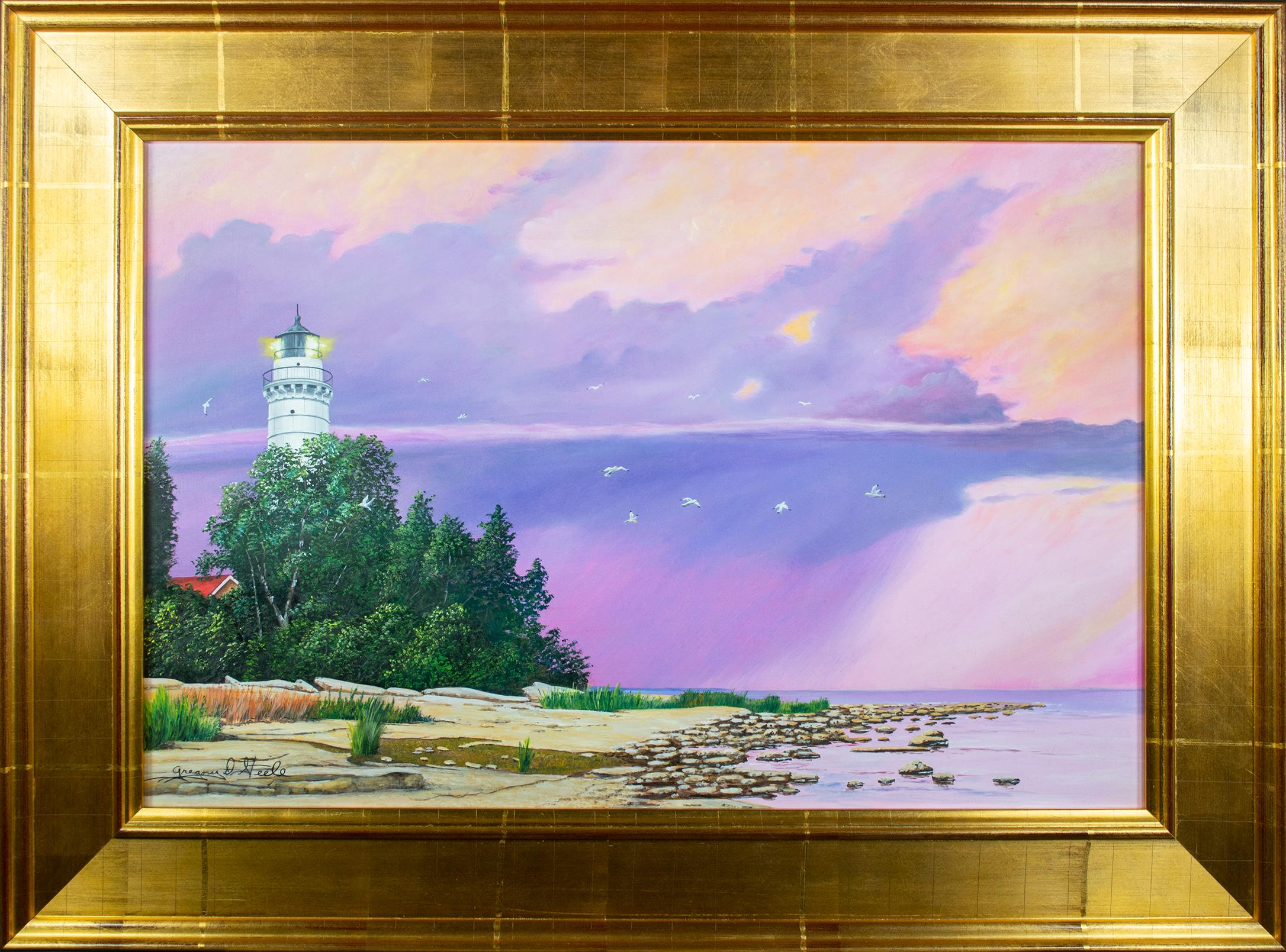 Landscape Painting Gregory Steele - Peinture à l'huile contemporaine paysage marin phare ciel violet nuage réaliste
