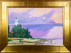 Peinture à l'huile contemporaine paysage marin phare ciel violet nuage réaliste