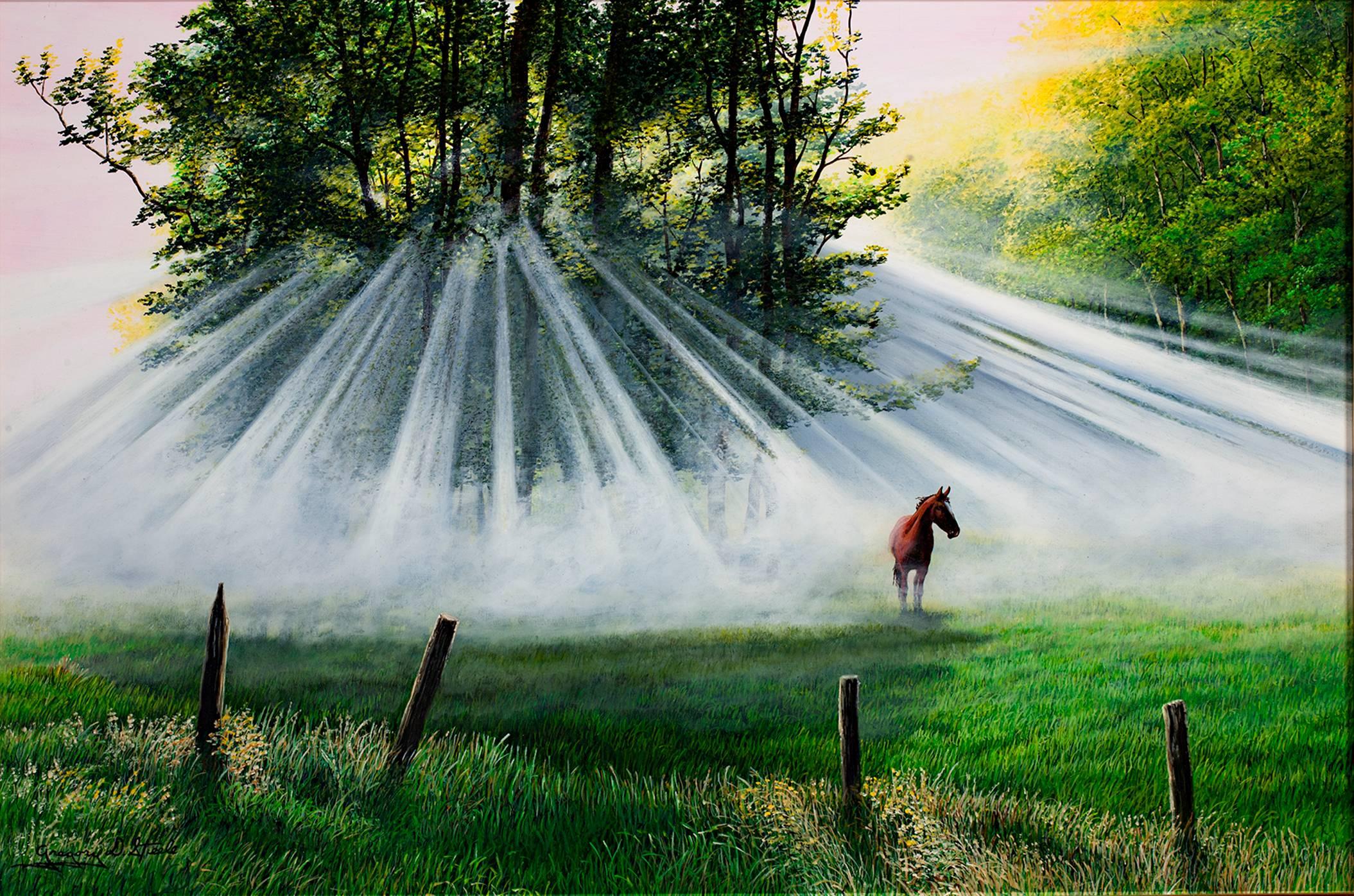 "Morning Fog" is an original oil painting on canvas by Gregory Steele. The artist signed the painting in the lower right. This piece depicts a horse in a fog-filled pasture as the sun begins to stream through the leaves. The artist uses a highly