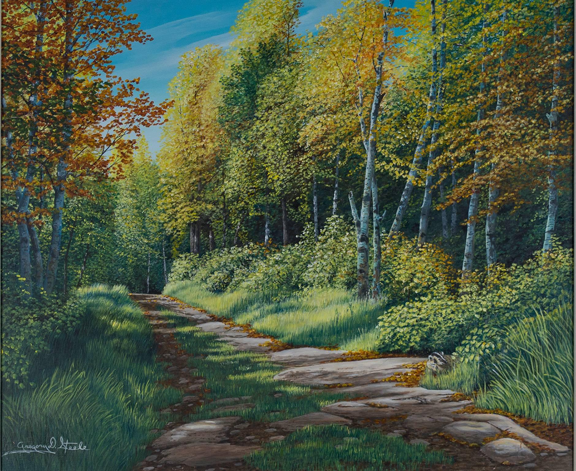 "North Woods Road," Oil on Board Forest Landscape signed by Gregory Steele