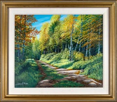 „North Woods Road“, Ölgemälde auf Karton, Waldlandschaft, signiert