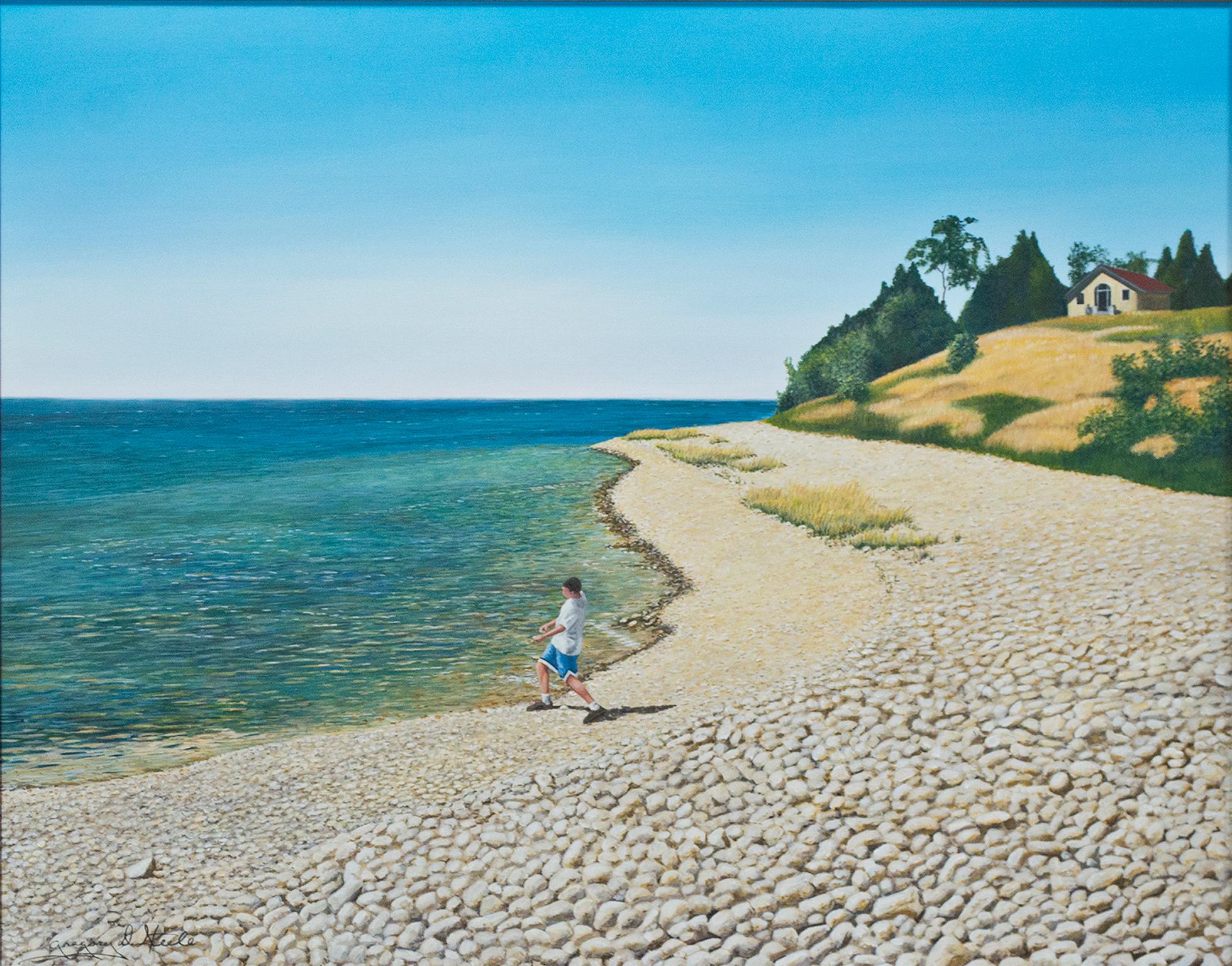 Gregory Steele Figurative Painting - "Stone Skipper, " Original Oil Painting of the Lakeshore by Gregory D. Steele