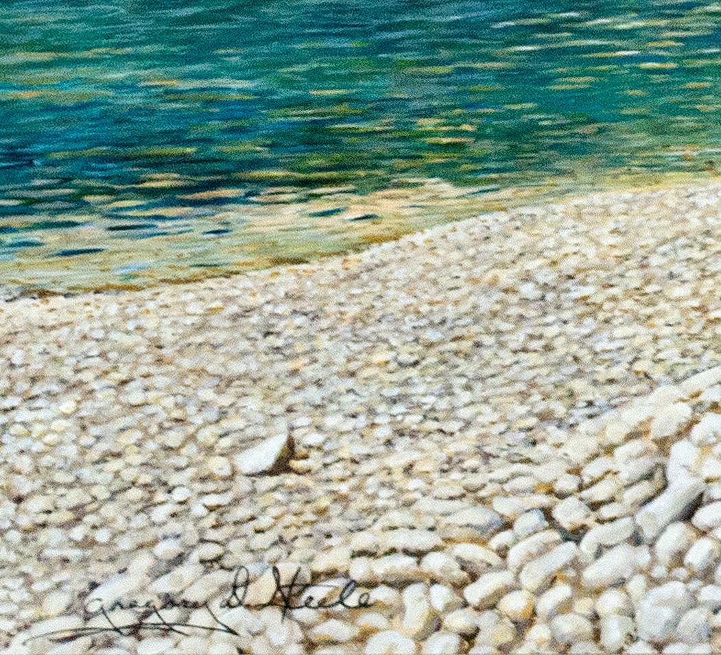 Contemporary landscape oil painting beach seascape sky realist figure house - Painting by Gregory Steele